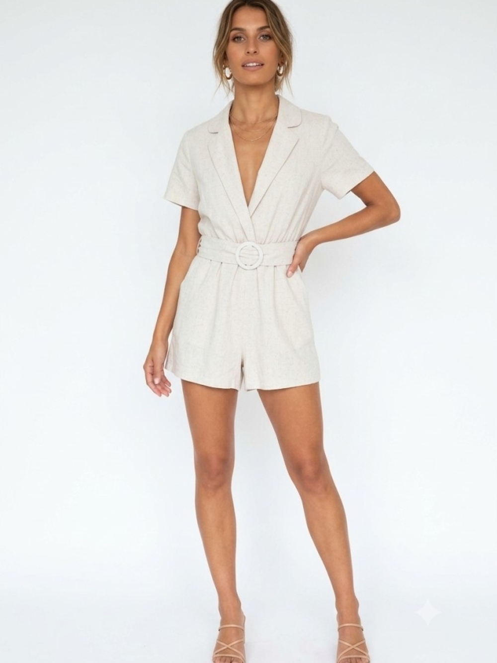 Princess Polly Cream Belted Short Linen-Blend Romper